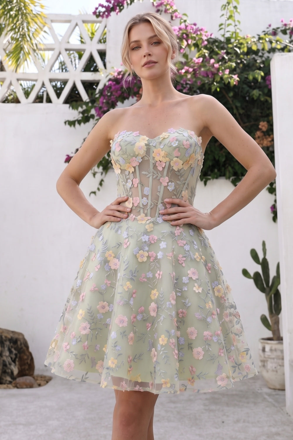 Green Floral Sweetheart A-Line Corset Short Homecoming Dress