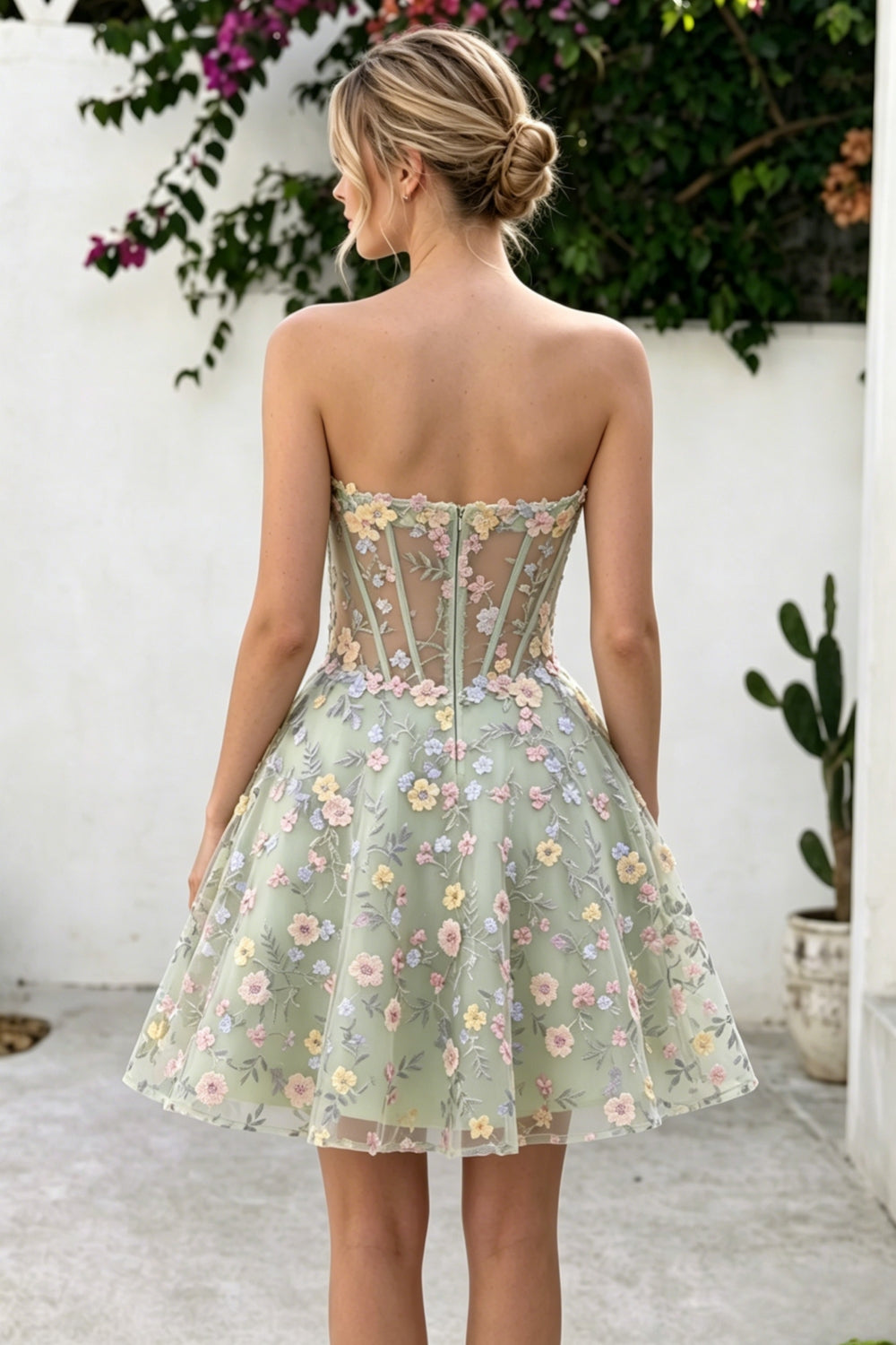 Green Floral Sweetheart A-Line Corset Short Homecoming Dress