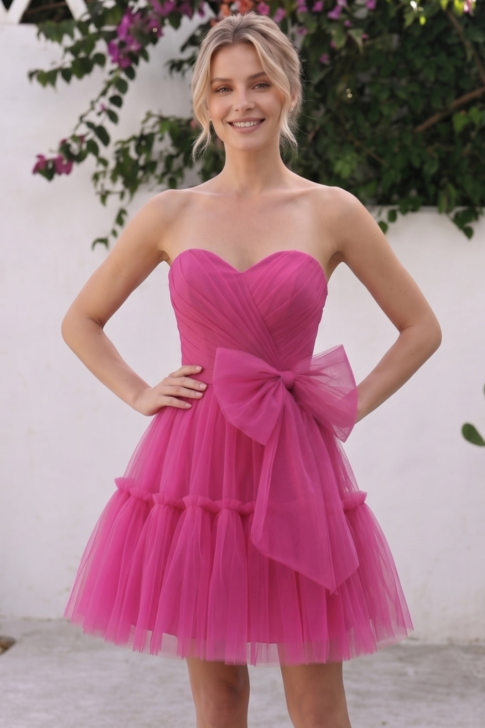 Hot Pink Sweetheart Tulle A-Line Short Homecoming Dress with Bow