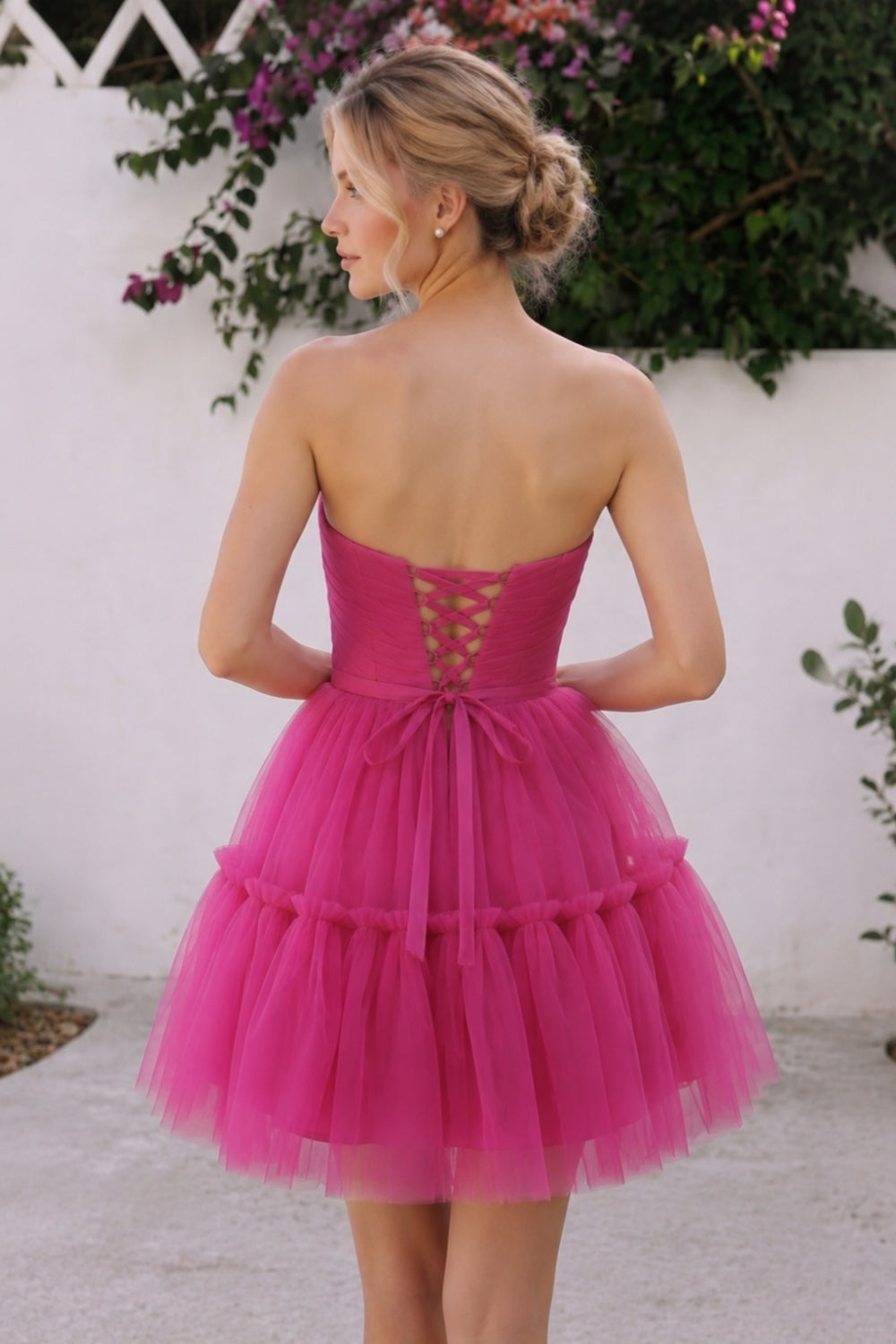 Hot Pink Sweetheart Tulle A-Line Short Homecoming Dress with Bow