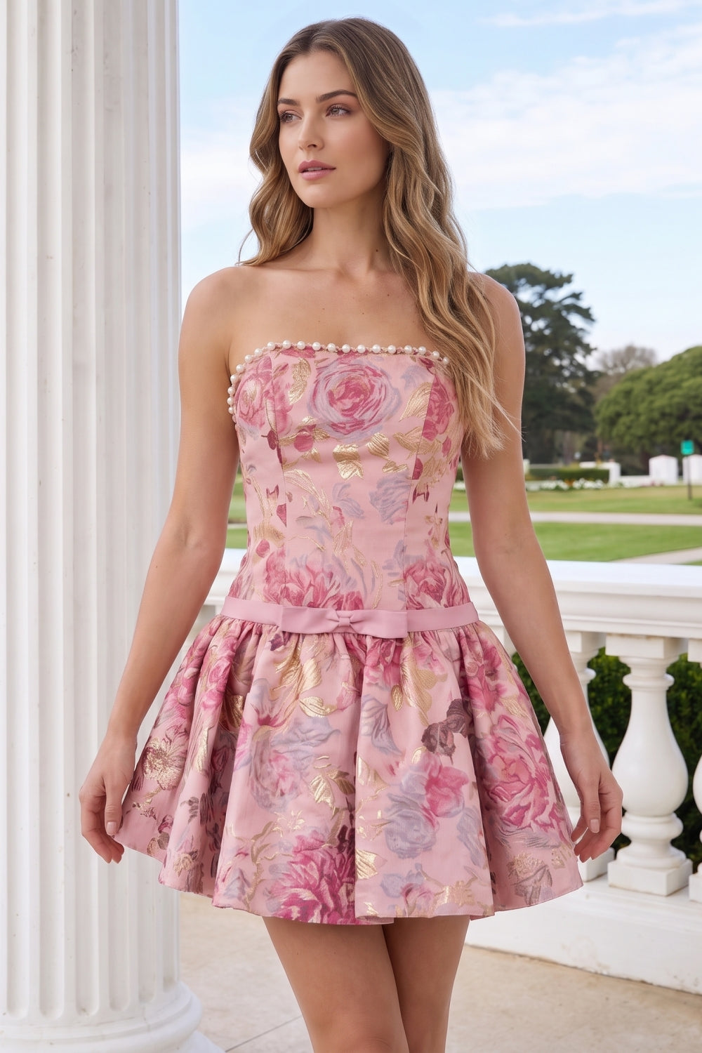 Pink Strapless Jacquard Floral A-Line Homecoming Dress with Pearls