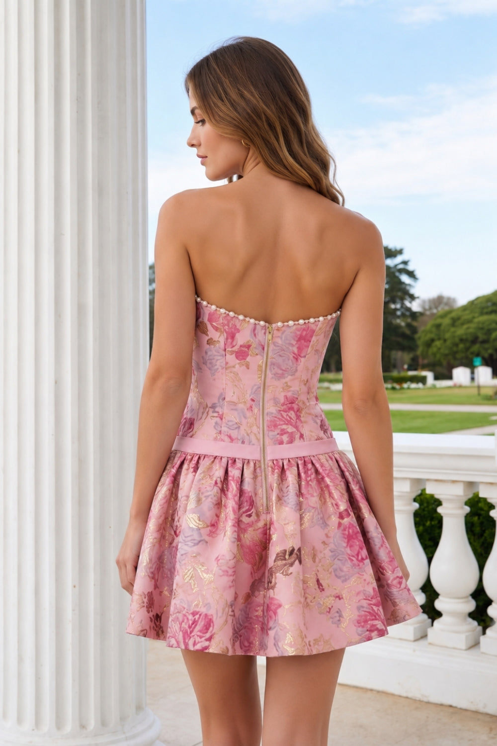 Pink Strapless Jacquard Floral A-Line Homecoming Dress with Pearls
