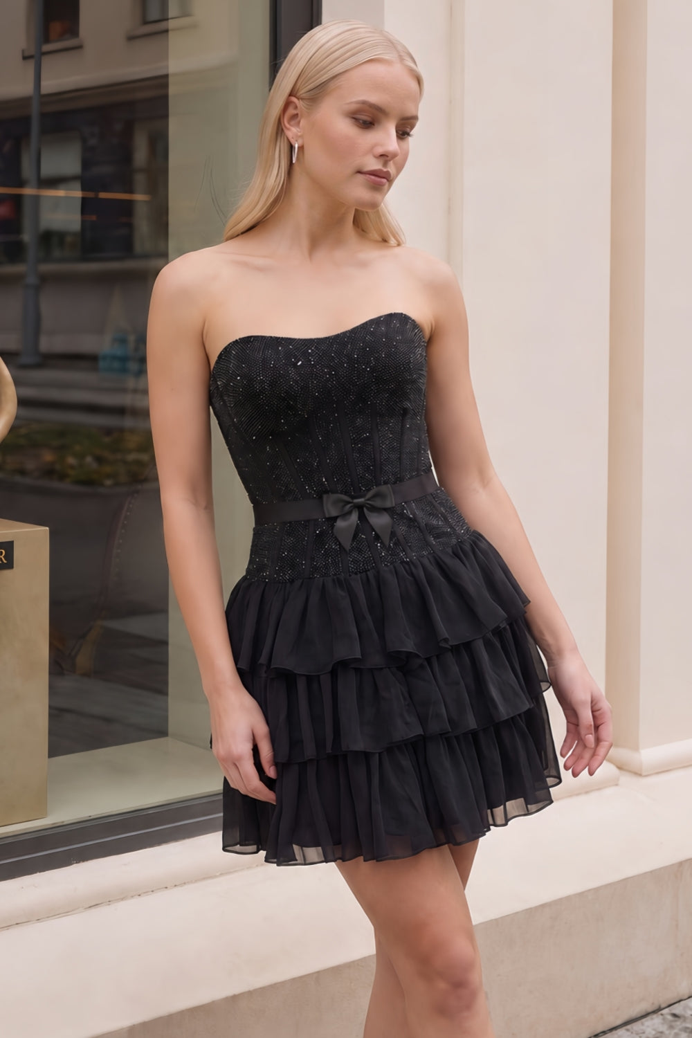 Glitter Strapless Black Beaded A-Line Tiered Homecoming Dress