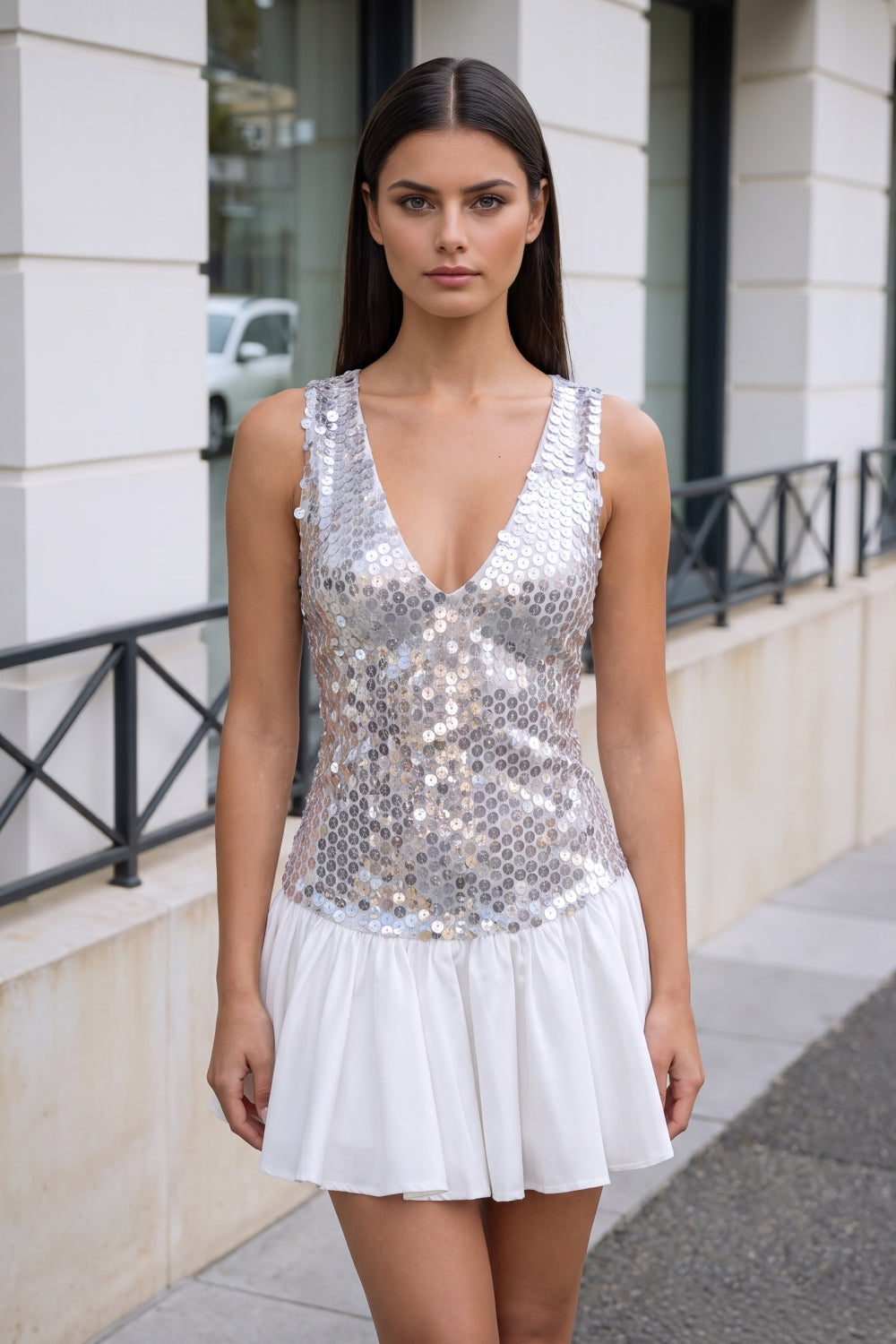 Sparkly Silver V-Neck Sequin Short Homecoming Dress