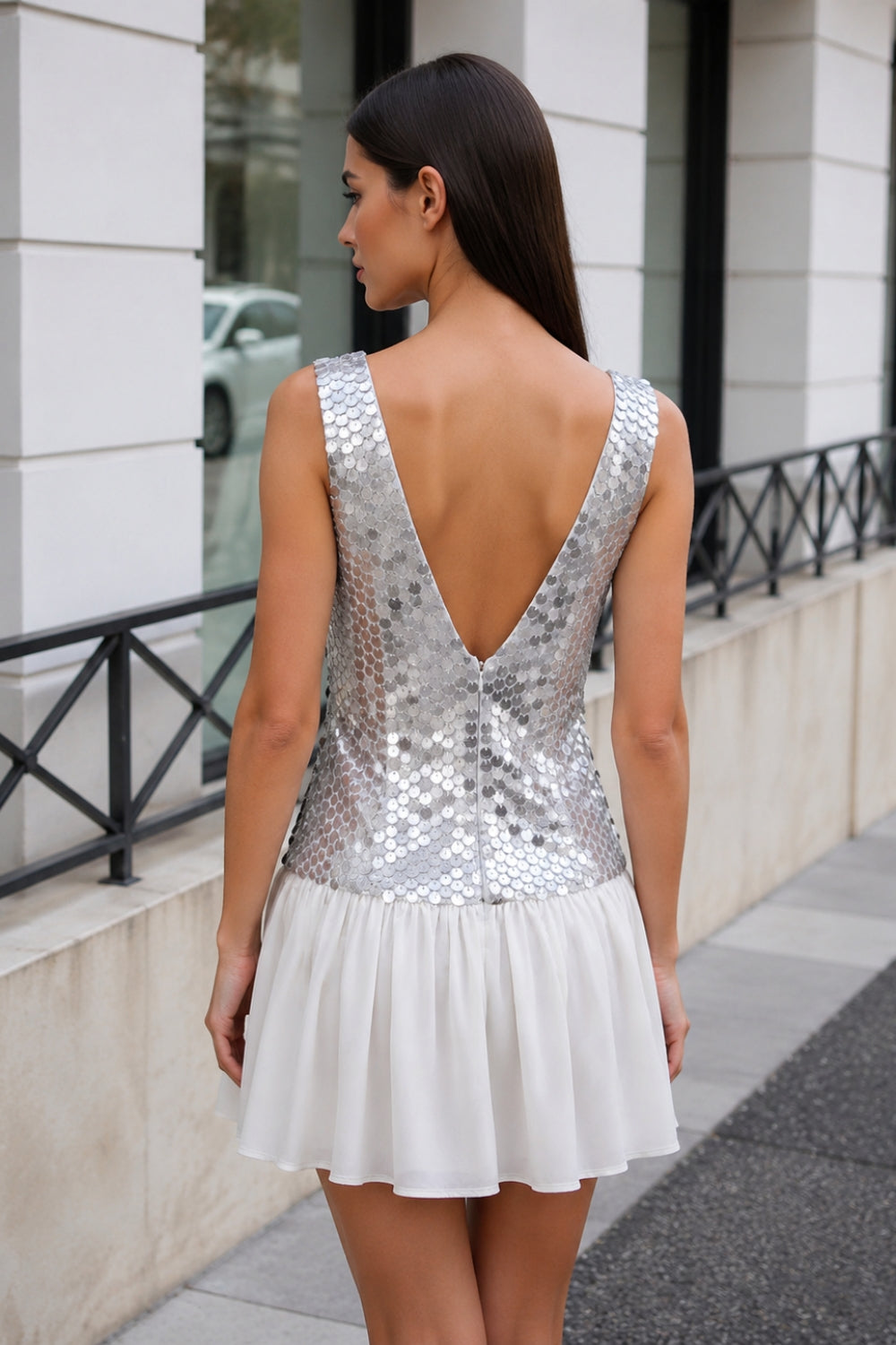 Sparkly Silver V-Neck Sequin Short Homecoming Dress