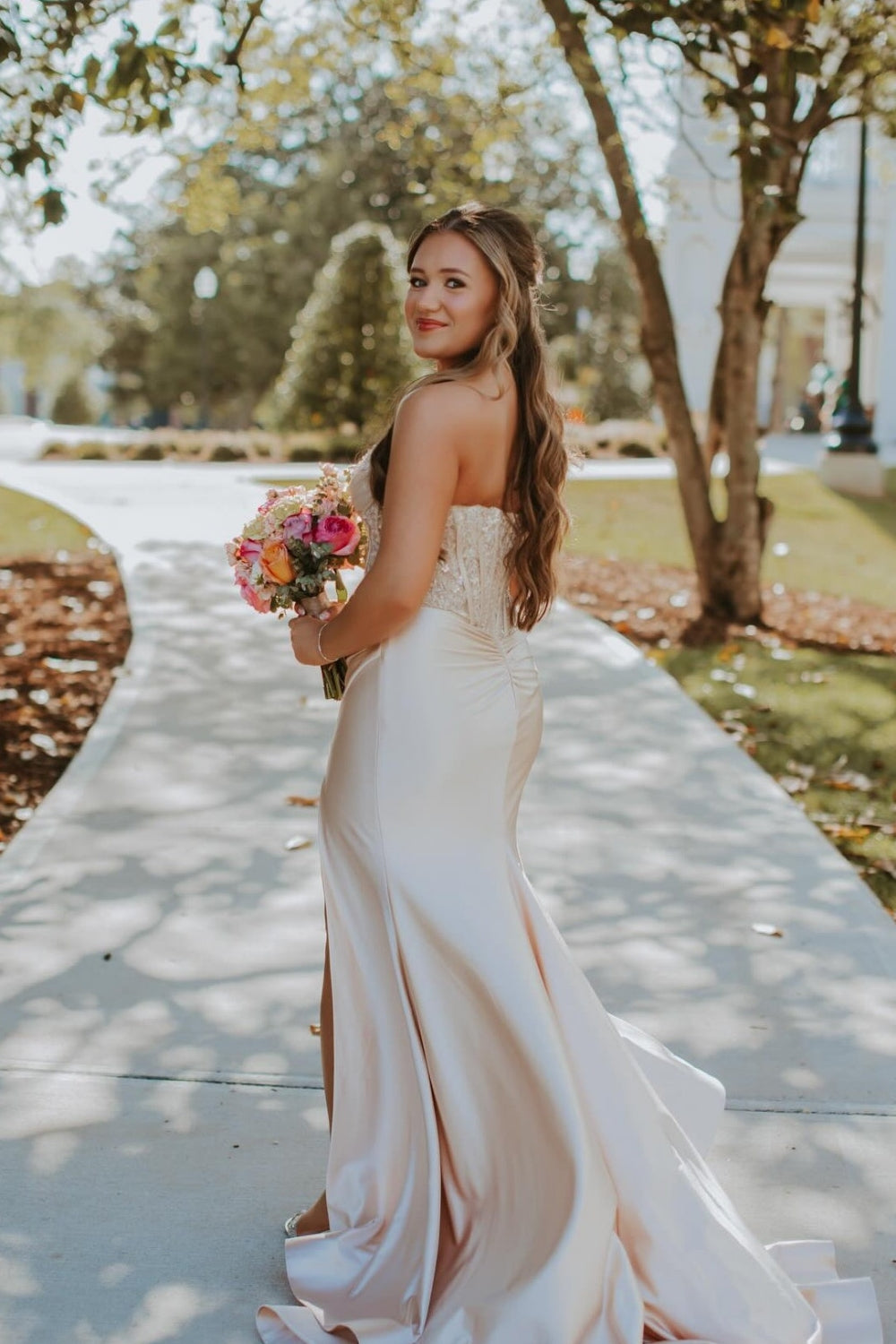 Dusty Blue Mermaid Satin Appliques Long Corset Prom Dress with Slit