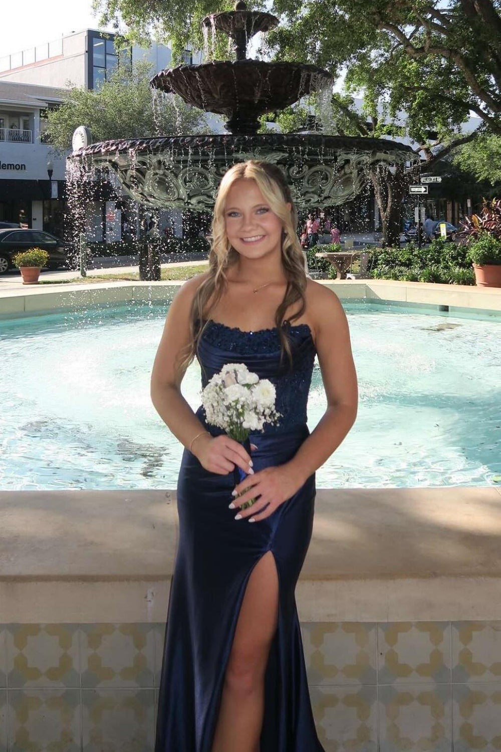 Dusty Blue Mermaid Satin Appliques Long Corset Prom Dress with Slit