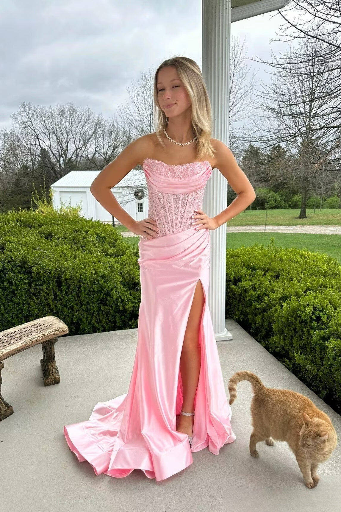 Dusty Blue Mermaid Satin Appliques Long Corset Prom Dress with Slit