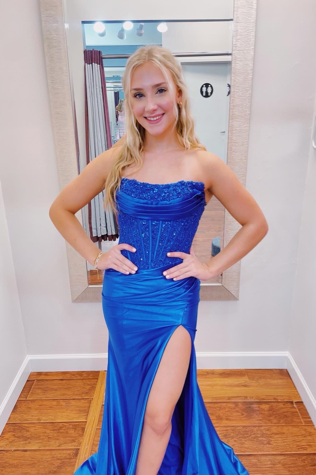 Dusty Blue Mermaid Satin Appliques Long Corset Prom Dress with Slit