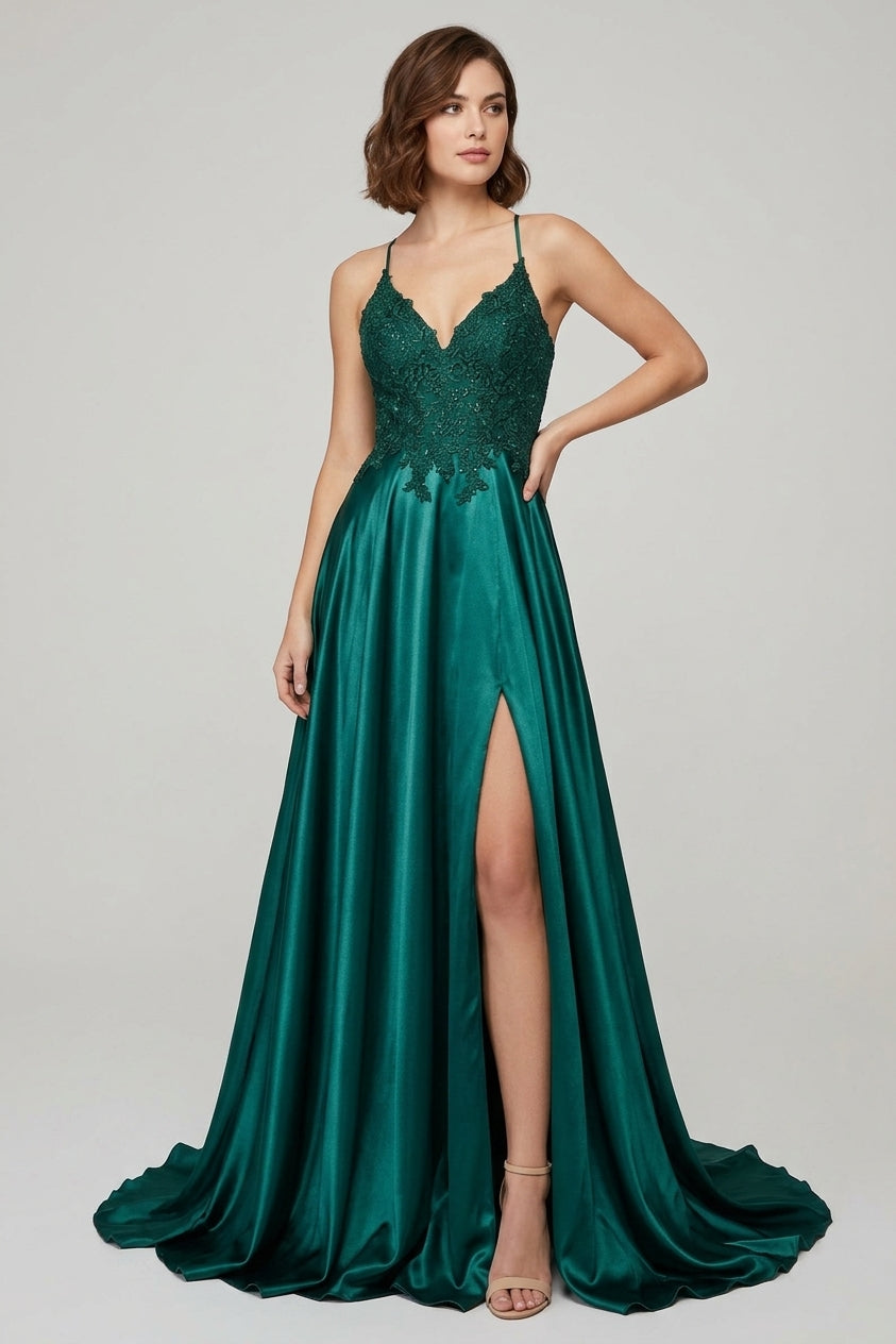 Royal Blue Spaghetti Straps Satin A-Line Long Prom Dress with Appliques