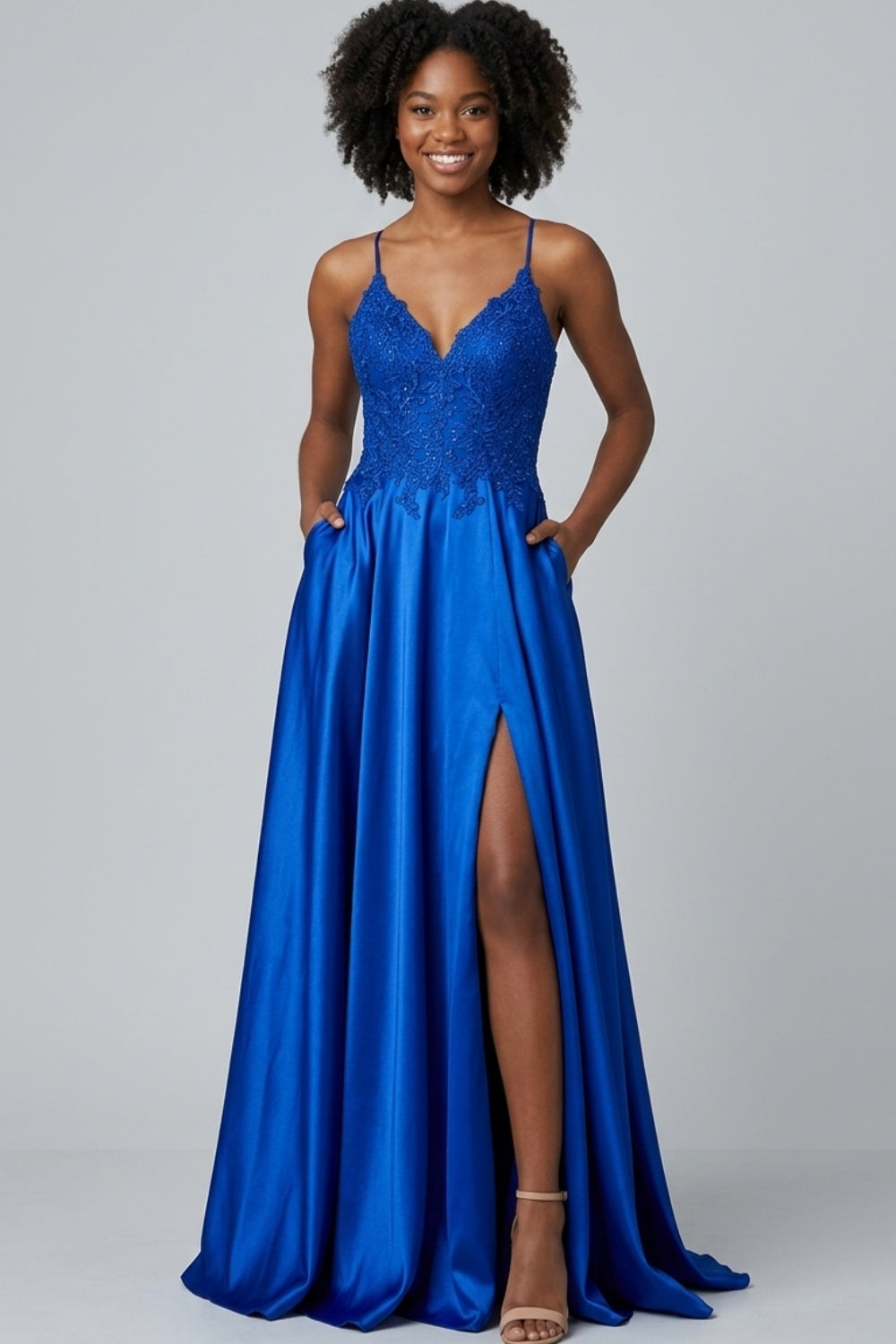 Royal Blue Spaghetti Straps Satin A-Line Long Prom Dress with Appliques