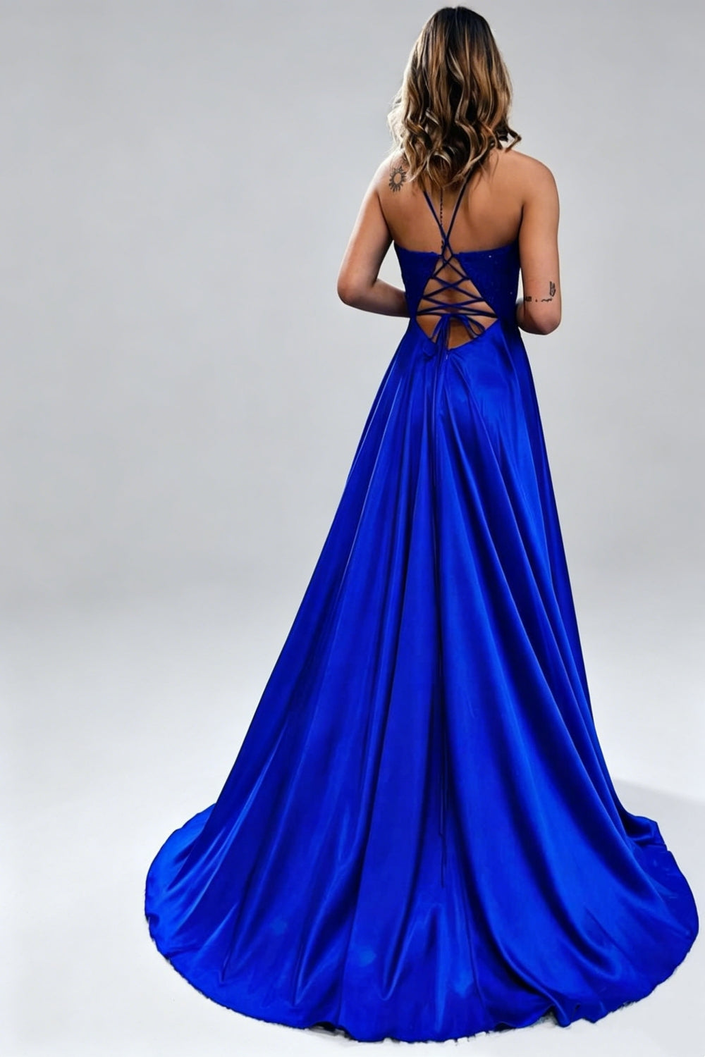 Royal Blue Spaghetti Straps Satin A-Line Long Prom Dress with Appliques