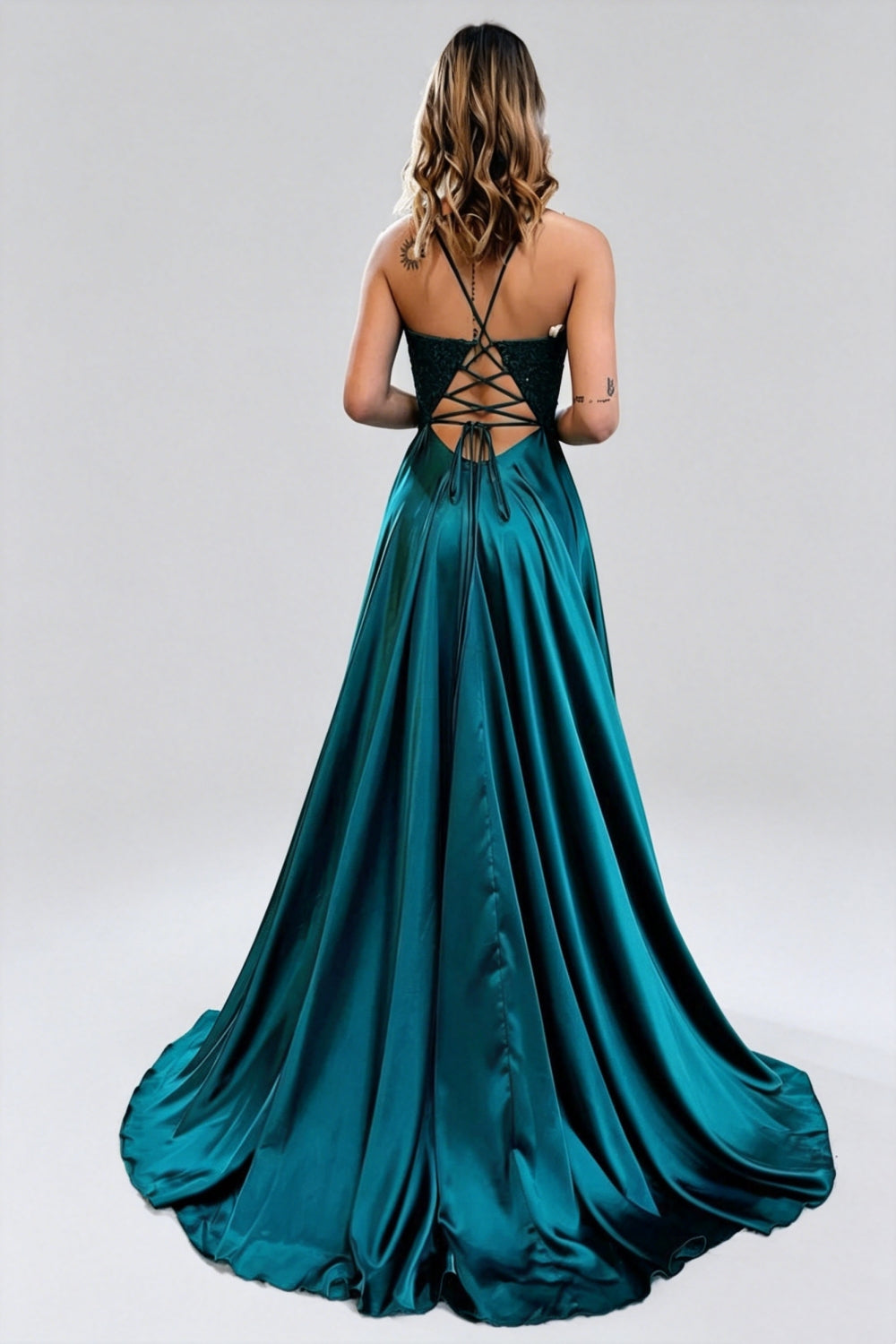 Royal Blue Spaghetti Straps Satin A-Line Long Prom Dress with Appliques