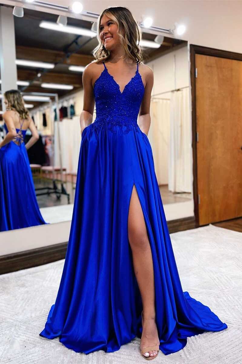 Royal Blue Spaghetti Straps A-Line Appliques Long Prom Dress with Slit
