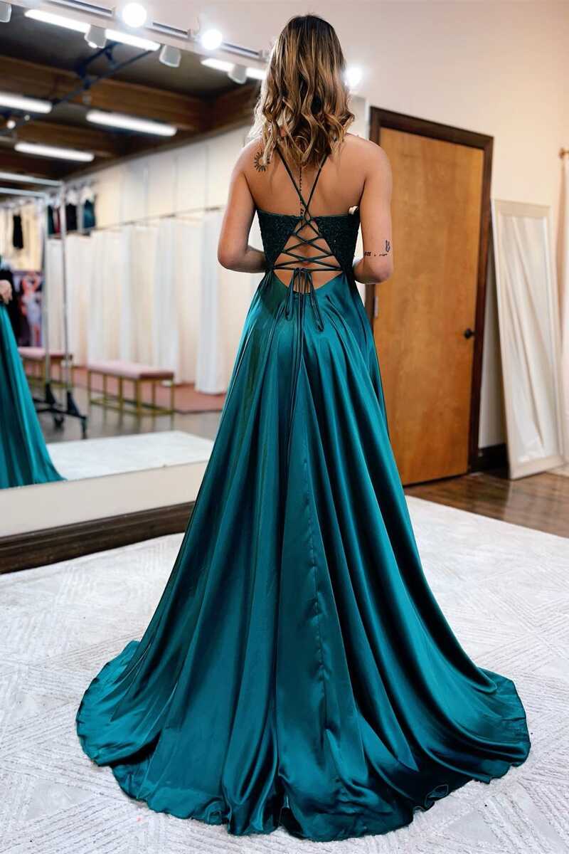 Royal Blue Spaghetti Straps A-Line Appliques Long Prom Dress with Slit