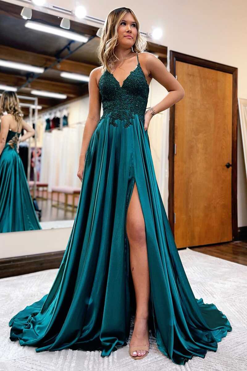 Royal Blue Spaghetti Straps A-Line Appliques Long Prom Dress with Slit