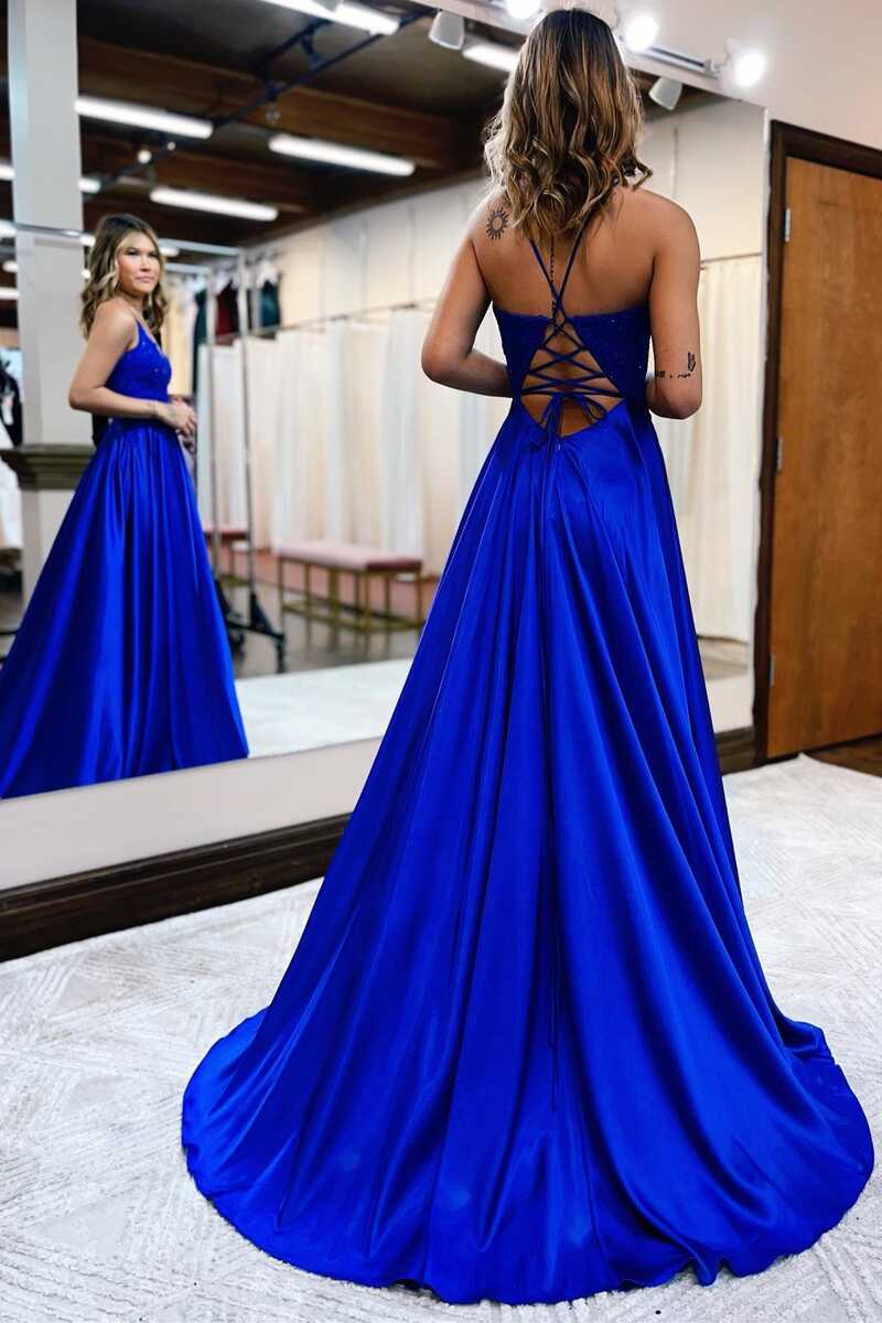 Royal Blue Spaghetti Straps A-Line Appliques Long Prom Dress with Slit