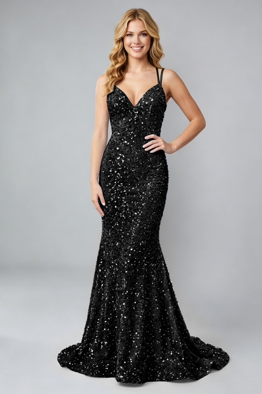 Sparkly Light Blue Sequin Spaghetti Straps Mermaid Long Prom Dress