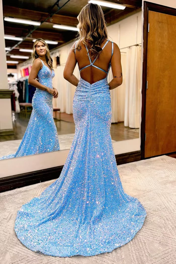 Sparkly Light Blue Spaghetti Straps Sequin Mermaid Long Prom Dress
