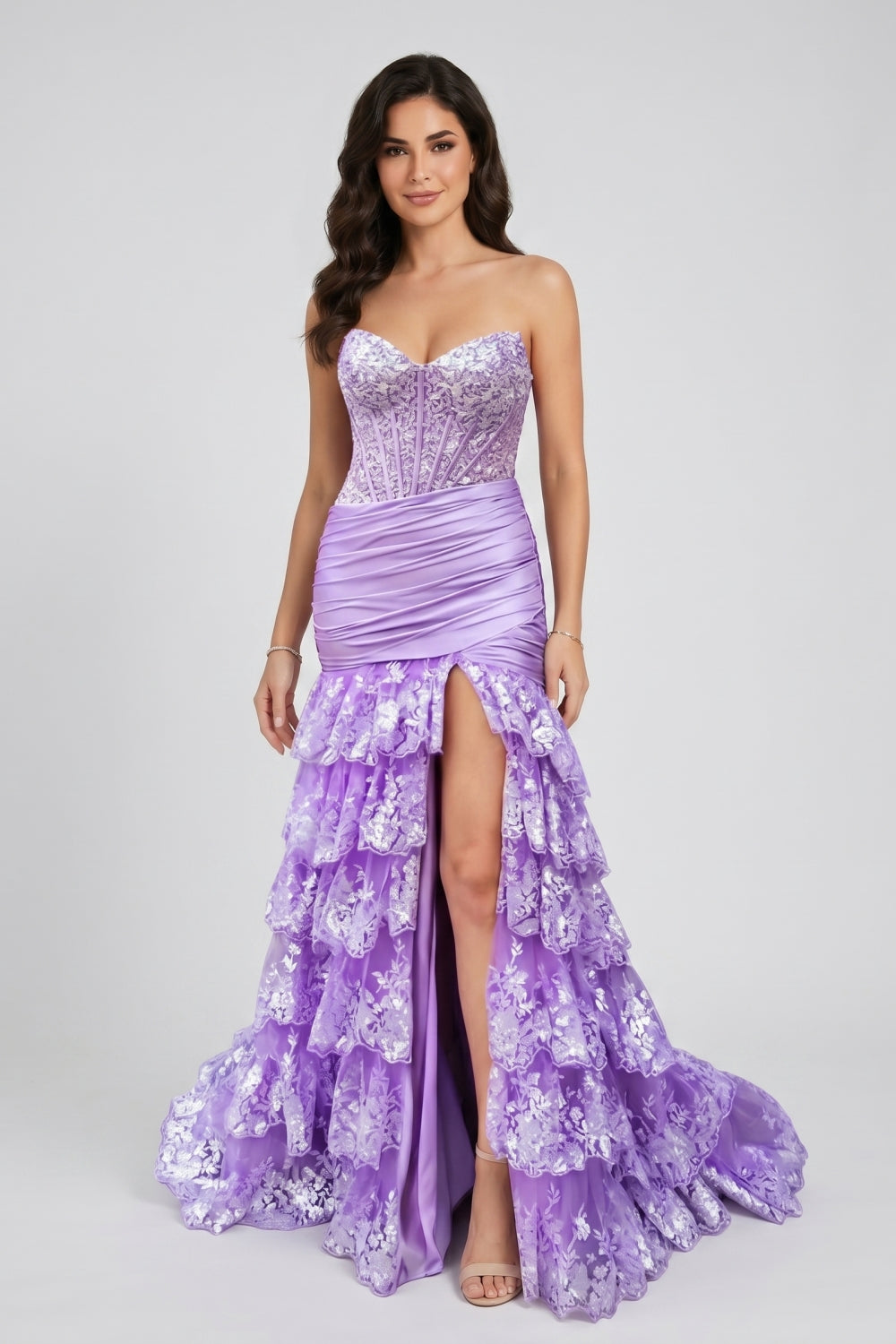 Lilac Sweetheart Sequin Appliques Mermaid Tiered Long Prom Dress with Slit