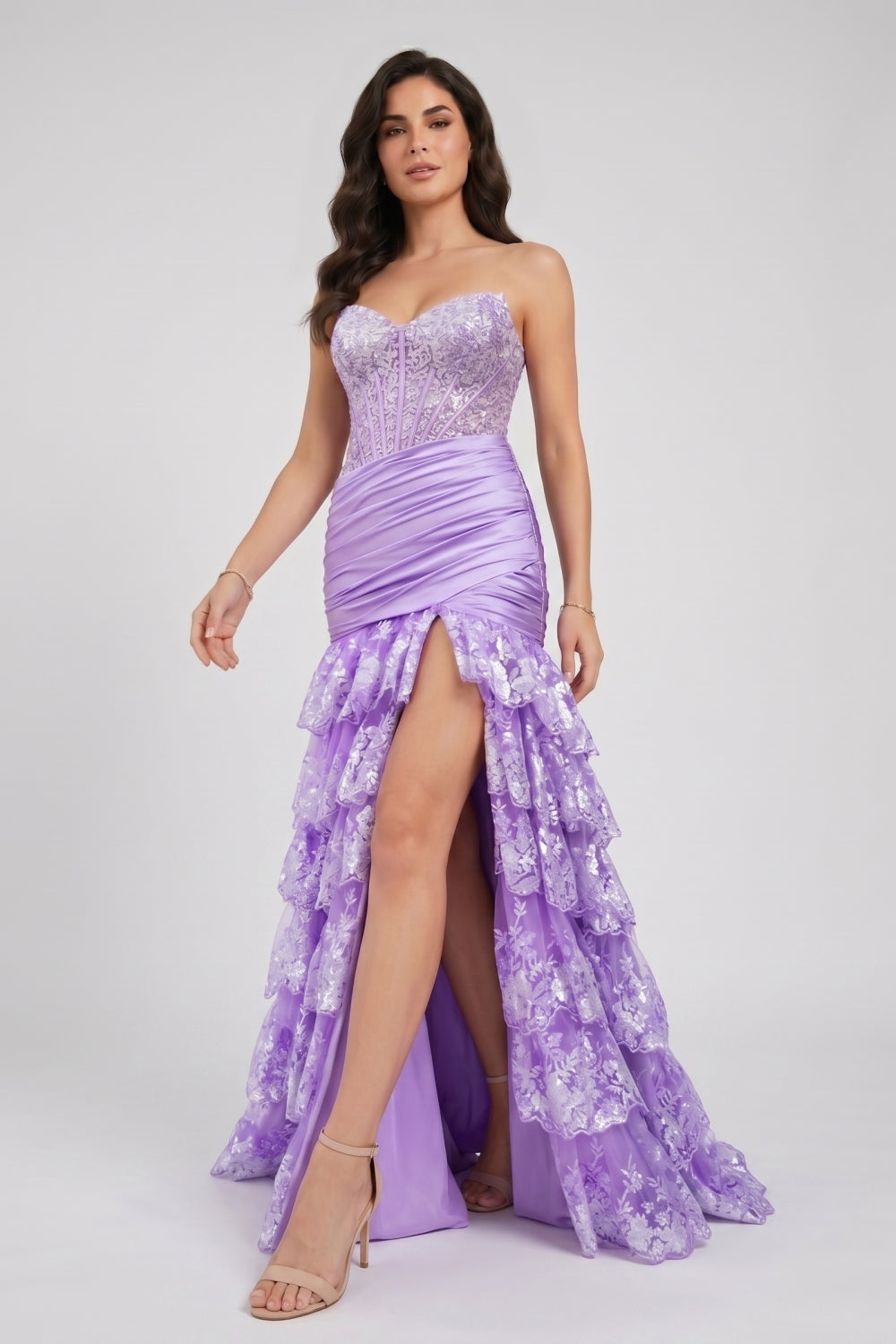 Lilac Sweetheart Sequin Appliques Mermaid Tiered Long Prom Dress with Slit