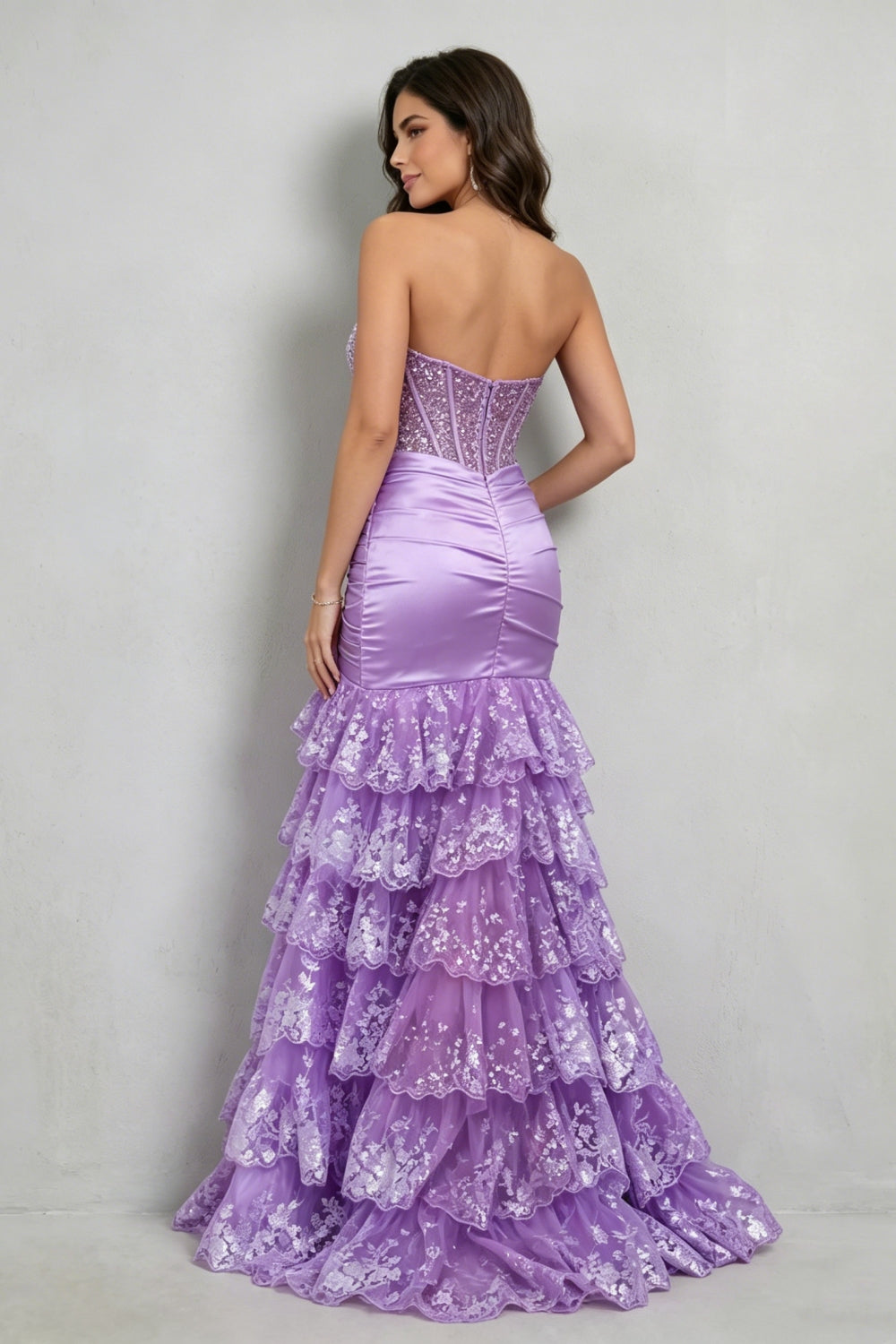 Lilac Sweetheart Sequin Appliques Mermaid Tiered Long Prom Dress with Slit