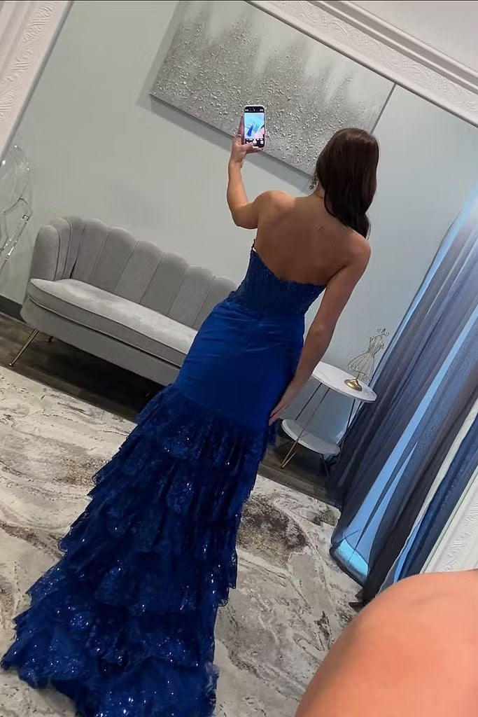 Royal Blue Sweetheart Sequin Appliques Mermaid Tiered Long Prom Dress with Slit