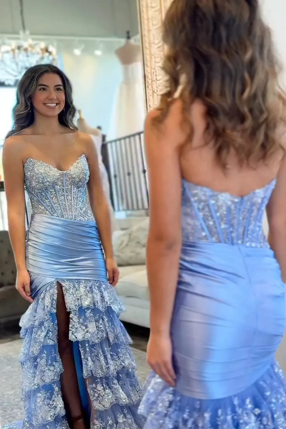 Royal Blue Sweetheart Sequin Appliques Mermaid Tiered Long Prom Dress with Slit