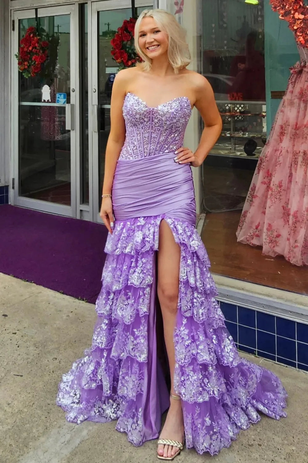 Royal Blue Sweetheart Sequin Appliques Mermaid Tiered Long Prom Dress with Slit