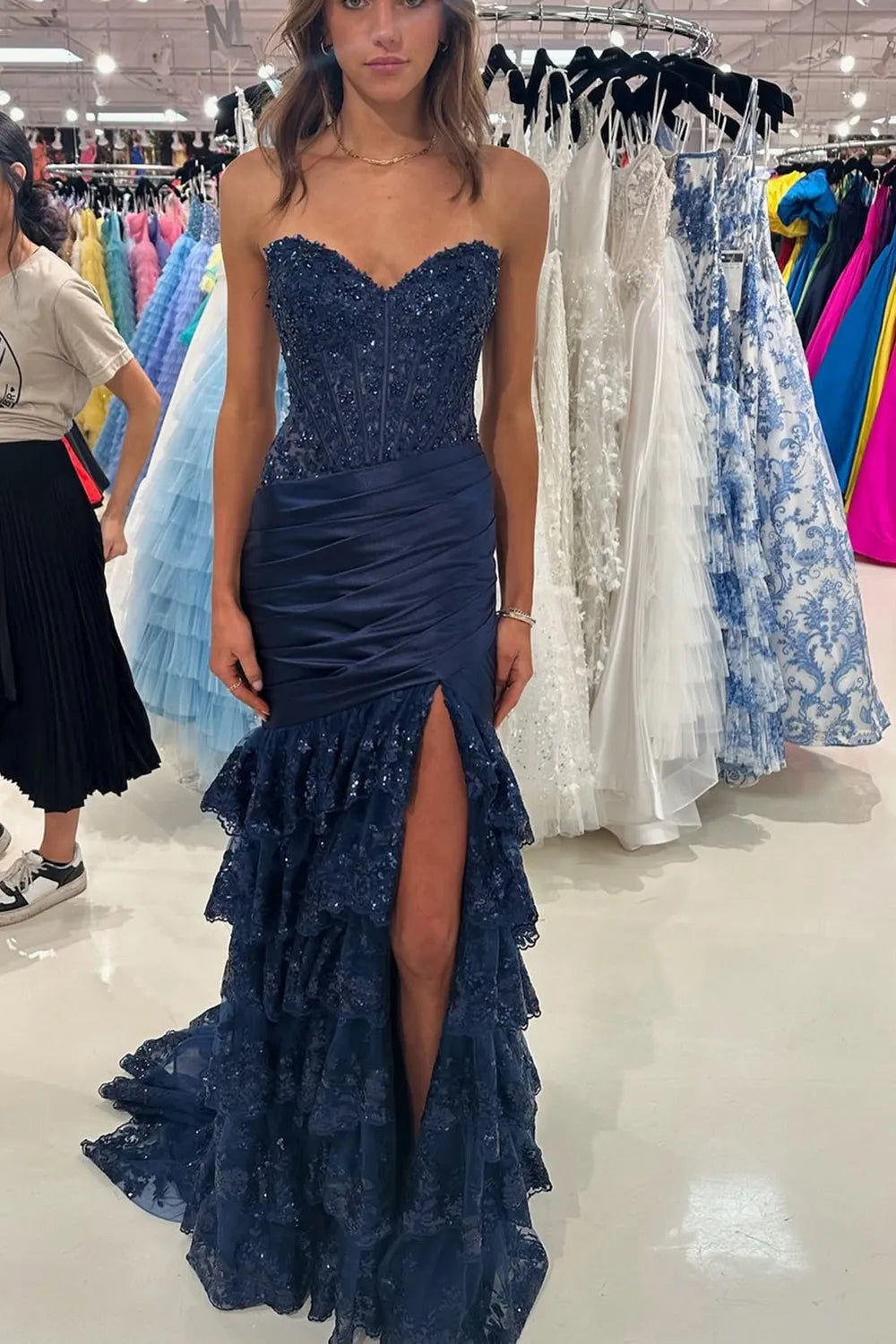 Royal Blue Sweetheart Sequin Appliques Mermaid Tiered Long Prom Dress with Slit