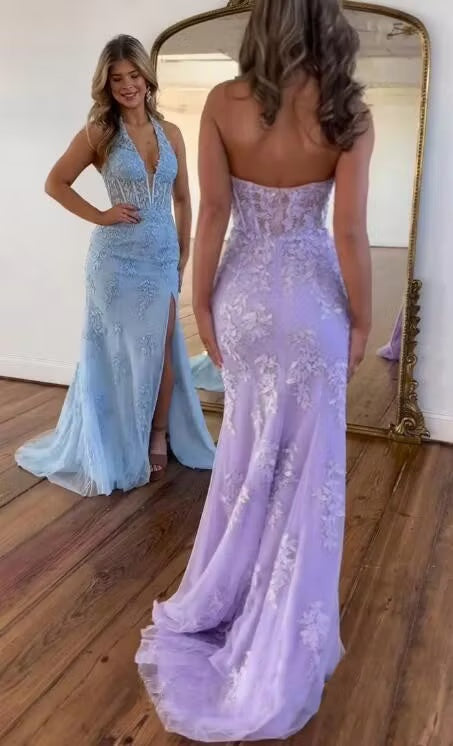 Light Blue Halter Neck Mermaid Appliques Long Prom Dress with Slit