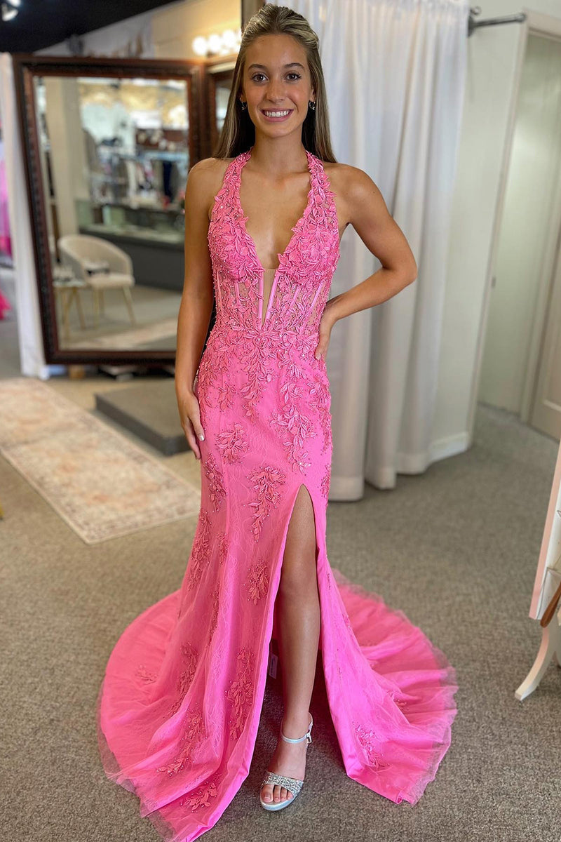 Light Blue Halter Neck Mermaid Appliques Long Prom Dress with Slit