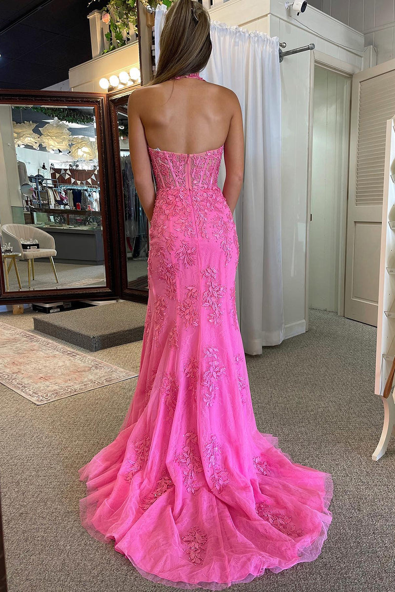 Light Blue Halter Neck Mermaid Appliques Long Prom Dress with Slit