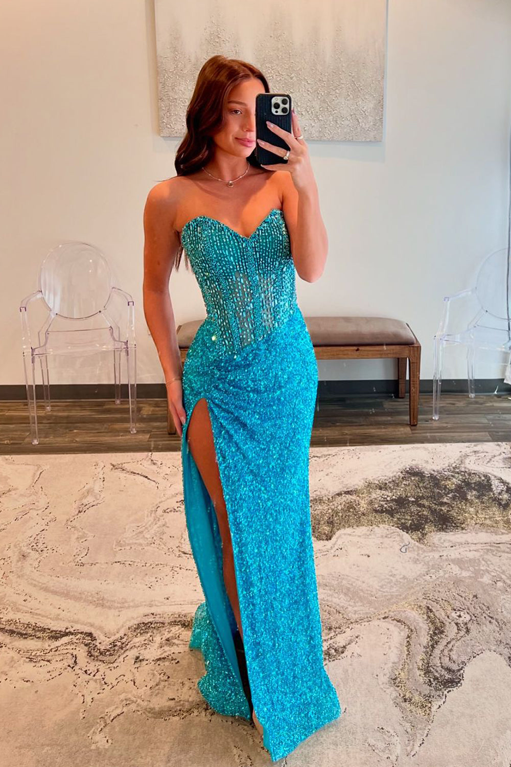 Sparkly Turquoise Sweetheart Mermaid Sequin Long Prom Dress with Beading