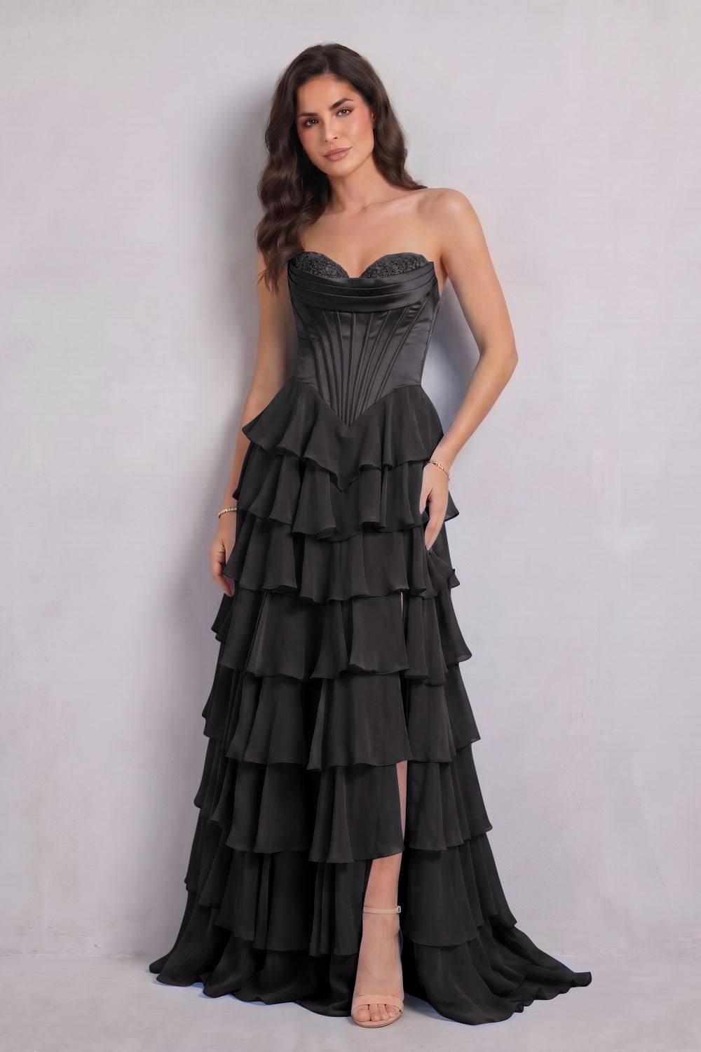 Blue Sweetheart Chiffon A-Line Tiered Long Prom Dress with Slit