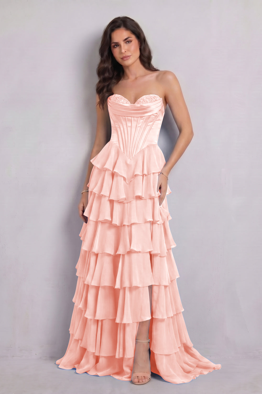 Blue Sweetheart Chiffon A-Line Tiered Long Prom Dress with Slit