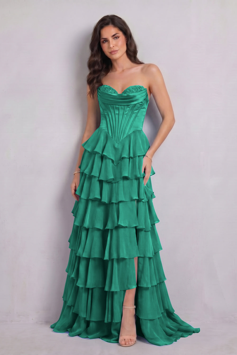 Blue Sweetheart Chiffon A-Line Tiered Long Prom Dress with Slit