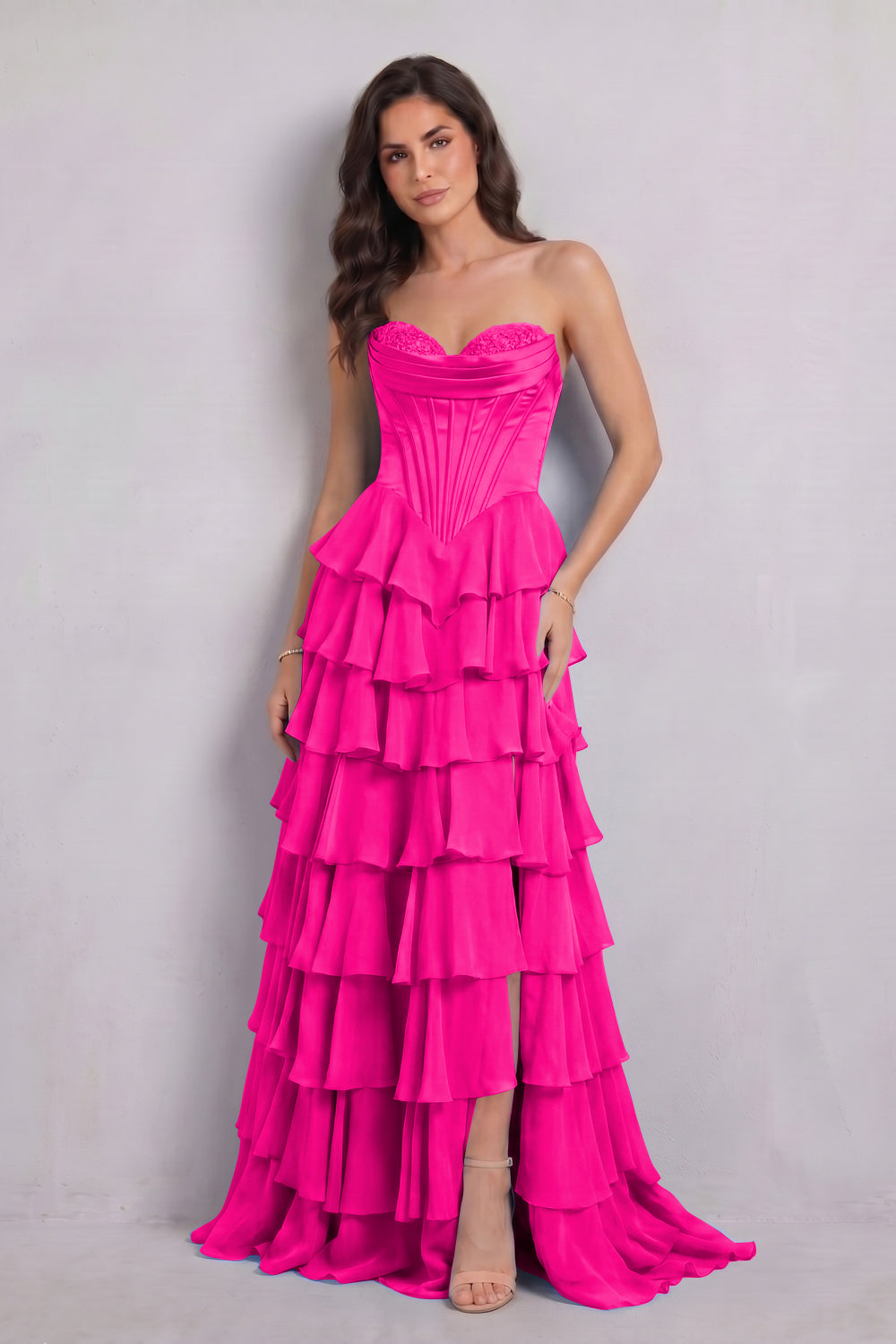 Blue Sweetheart Chiffon A-Line Tiered Long Prom Dress with Slit