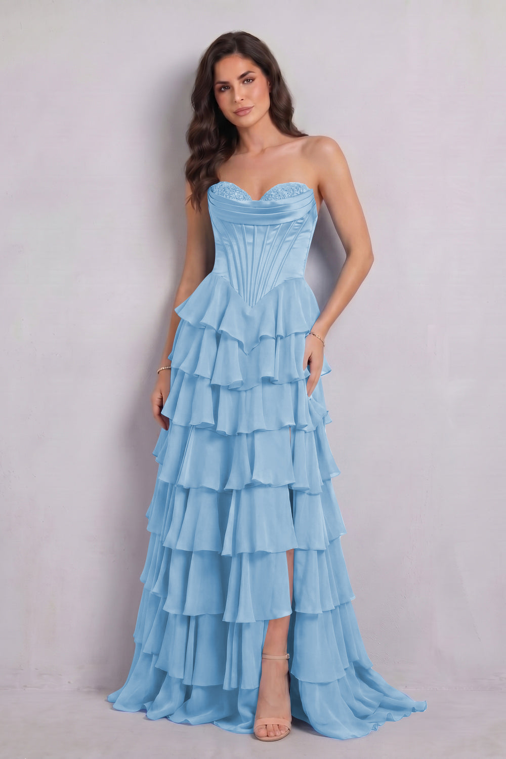 Blue Sweetheart Chiffon A-Line Tiered Long Prom Dress with Slit