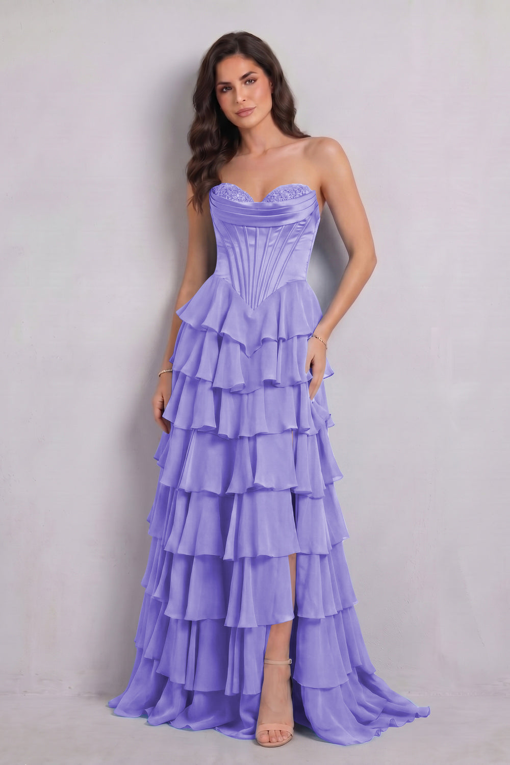 Blue Sweetheart Chiffon A-Line Tiered Long Prom Dress with Slit