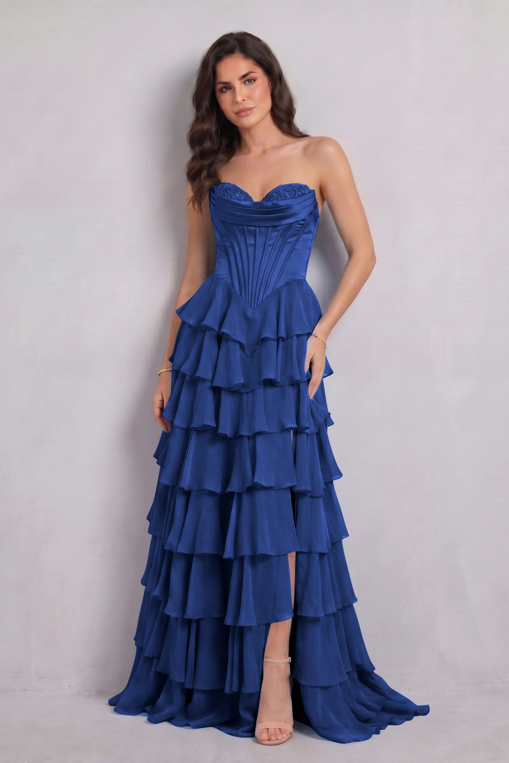 Blue Sweetheart Chiffon A-Line Tiered Long Prom Dress with Slit