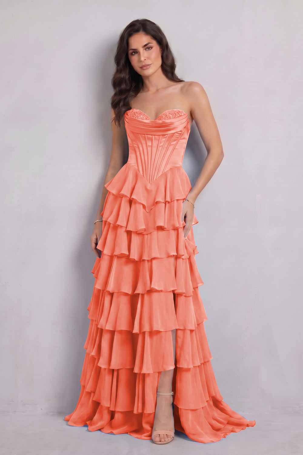 Blue Sweetheart Chiffon A-Line Tiered Long Prom Dress with Slit