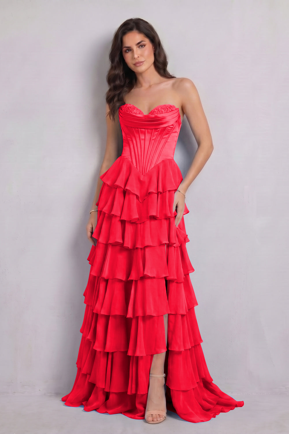Blue Sweetheart Chiffon A-Line Tiered Long Prom Dress with Slit