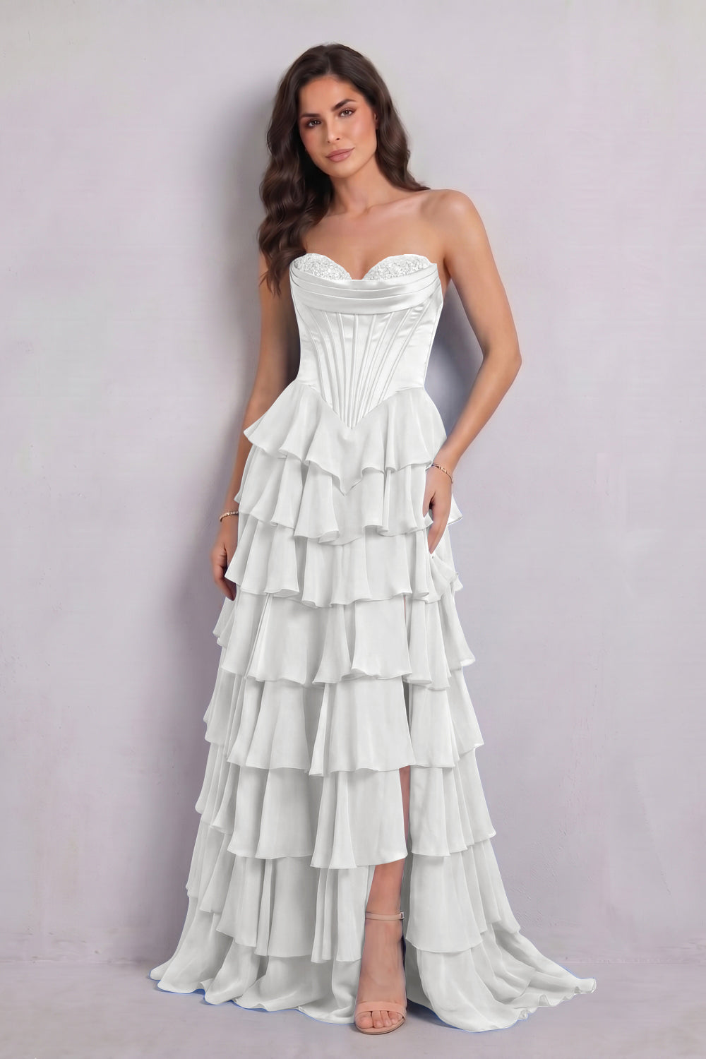 Blue Sweetheart Chiffon A-Line Tiered Long Prom Dress with Slit