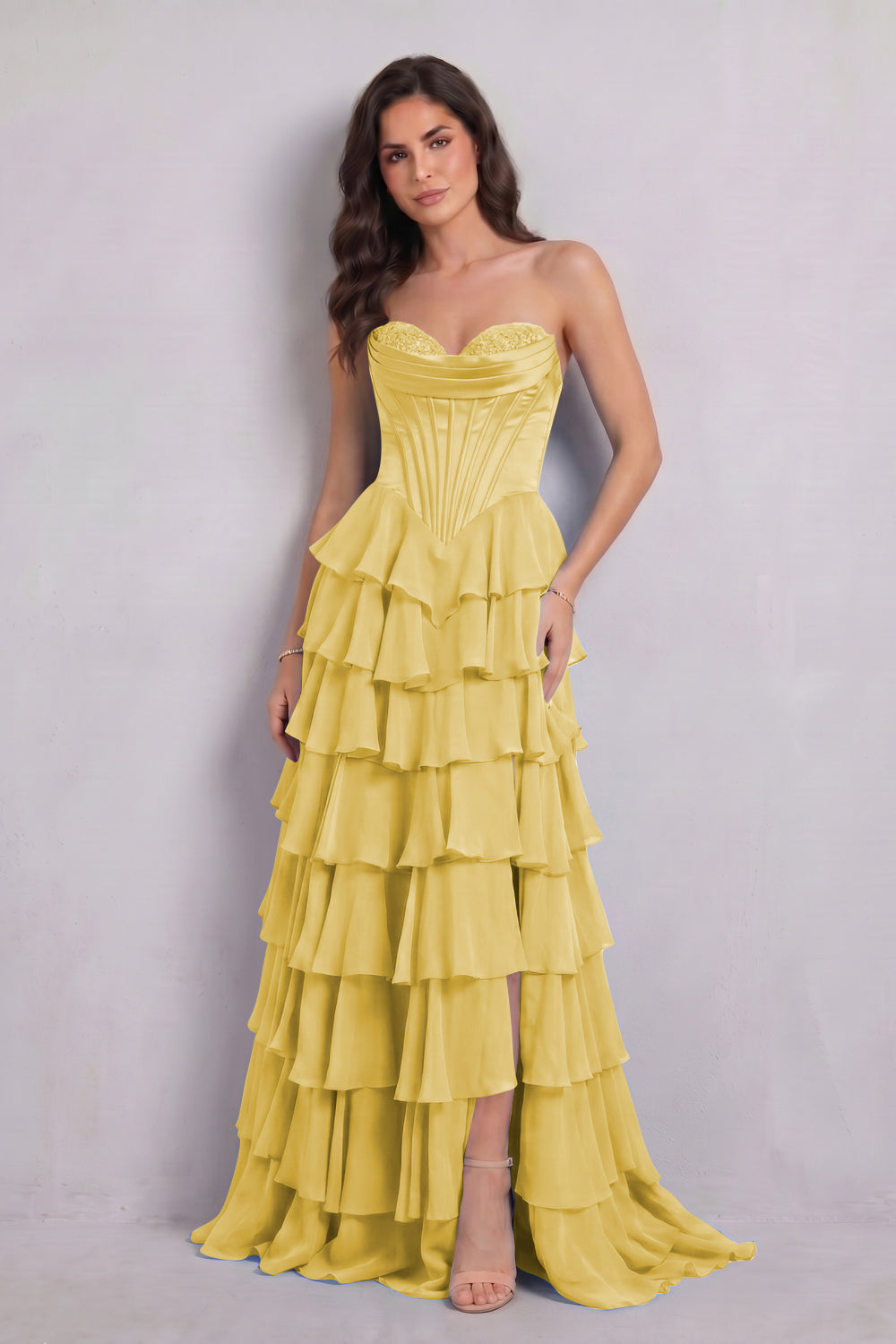 Blue Sweetheart Chiffon A-Line Tiered Long Prom Dress with Slit