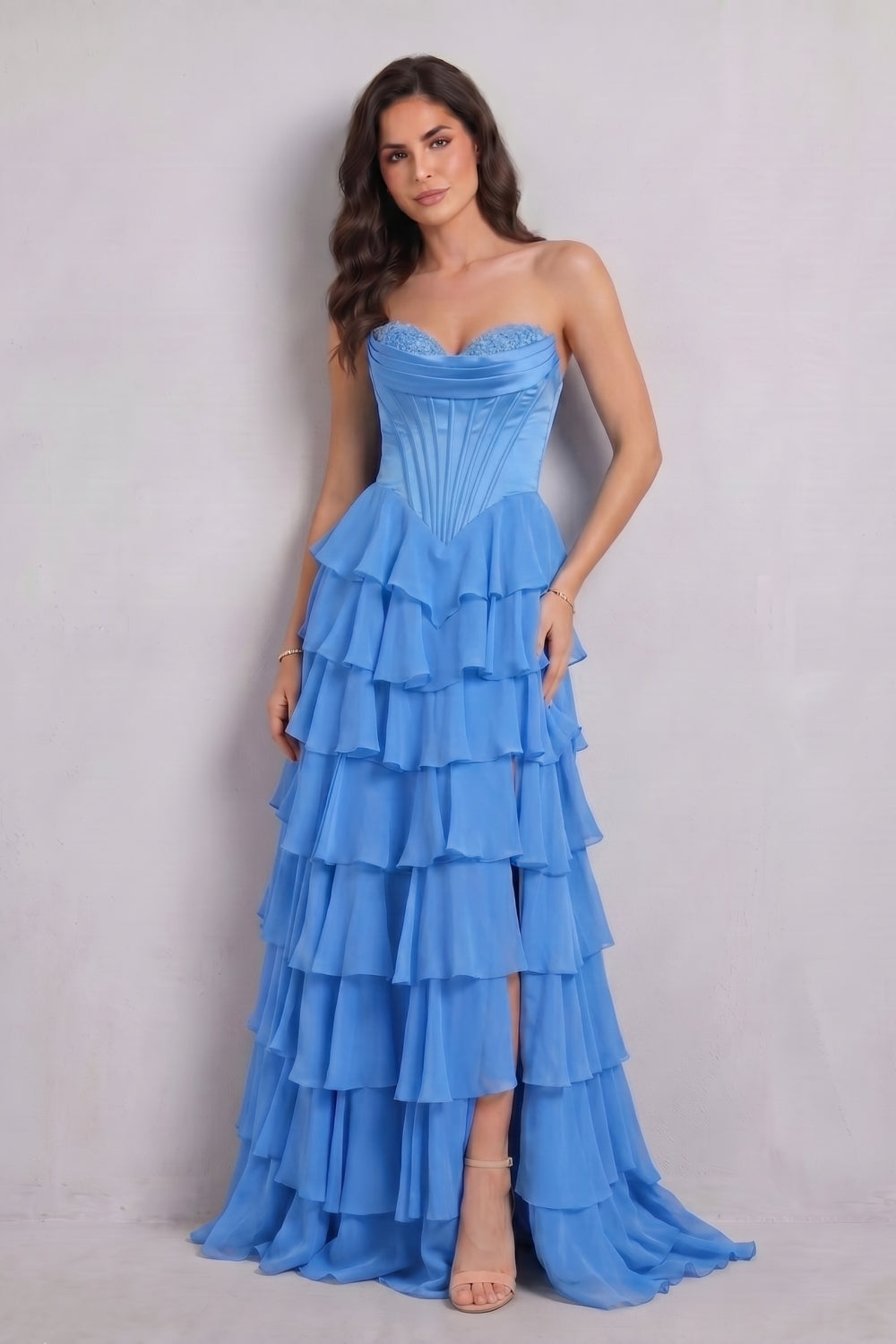 Blue Sweetheart Chiffon A-Line Tiered Long Prom Dress with Slit