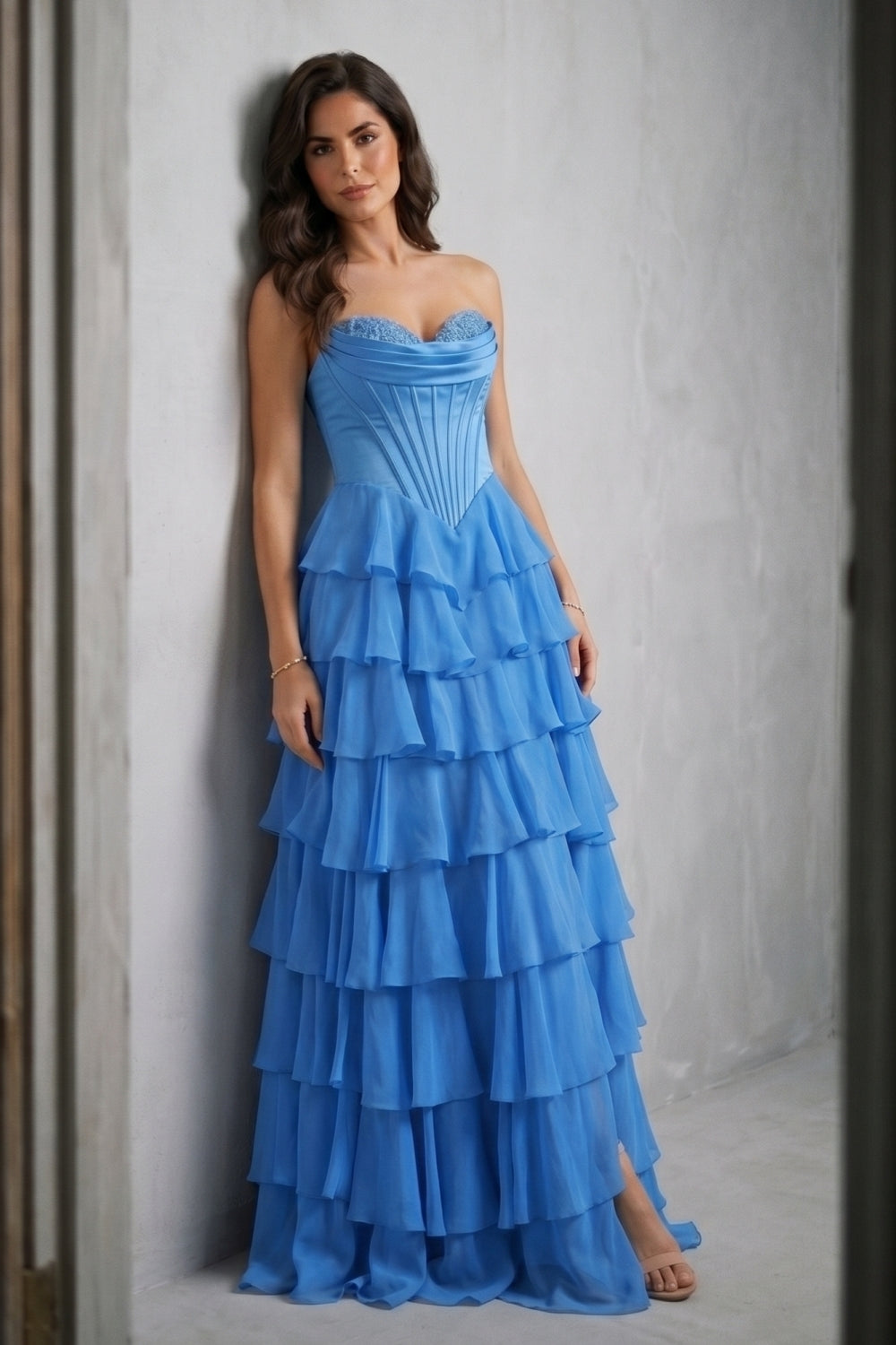 Blue Sweetheart Chiffon A-Line Tiered Long Prom Dress with Slit