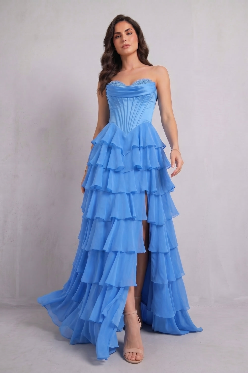 Blue Sweetheart Chiffon A-Line Tiered Long Prom Dress with Slit