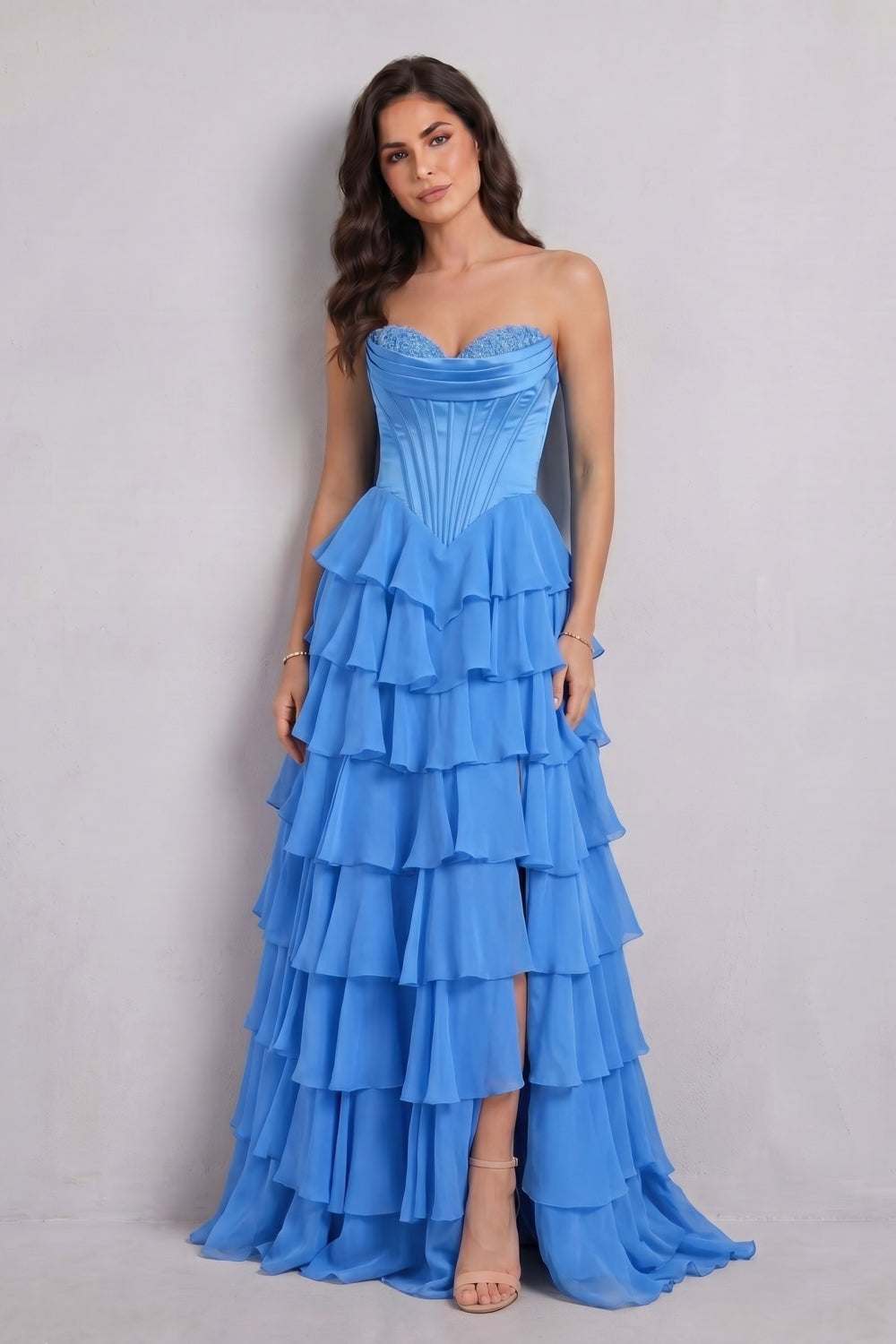 Blue Sweetheart Chiffon A-Line Tiered Long Prom Dress with Slit