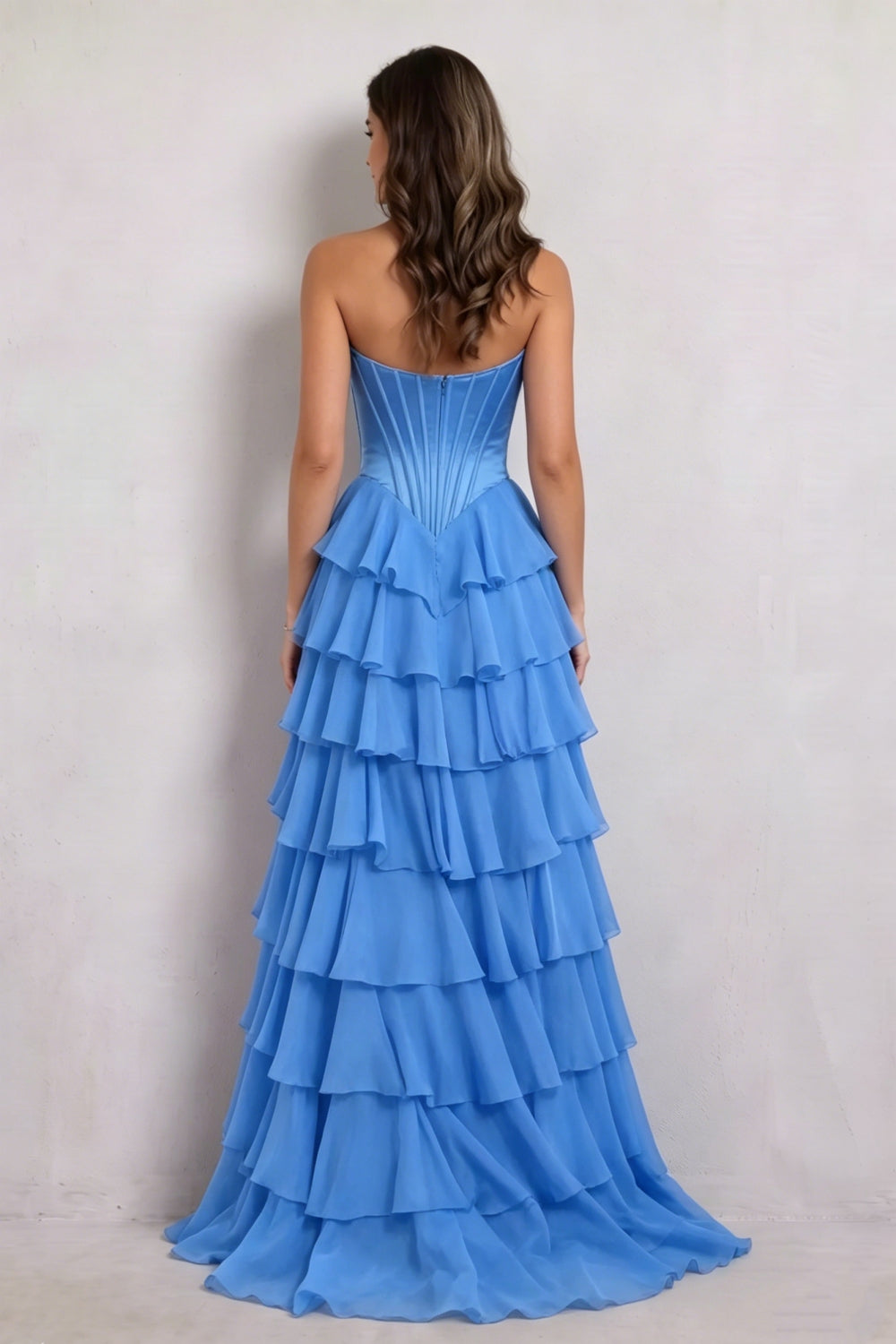 Blue Sweetheart Chiffon A-Line Tiered Long Prom Dress with Slit
